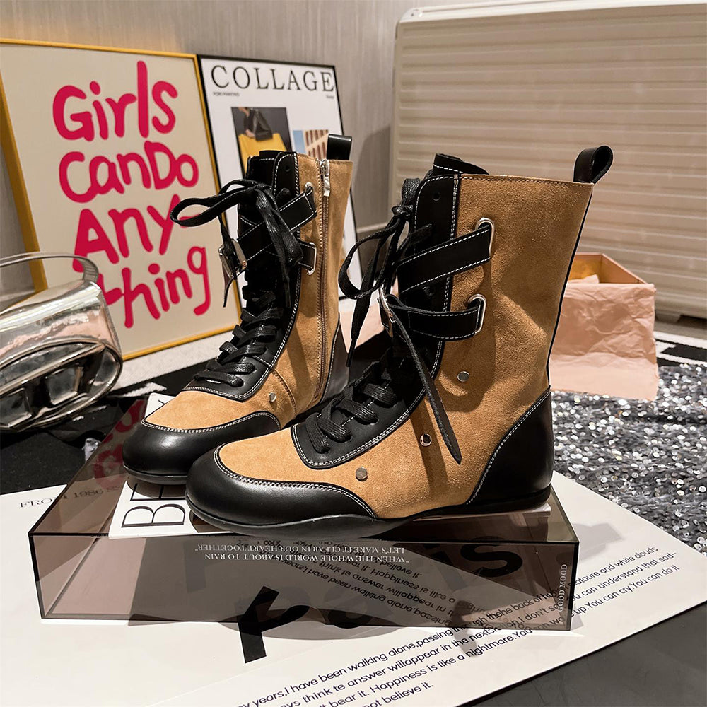Soft-soled leather and suede patchwork boots