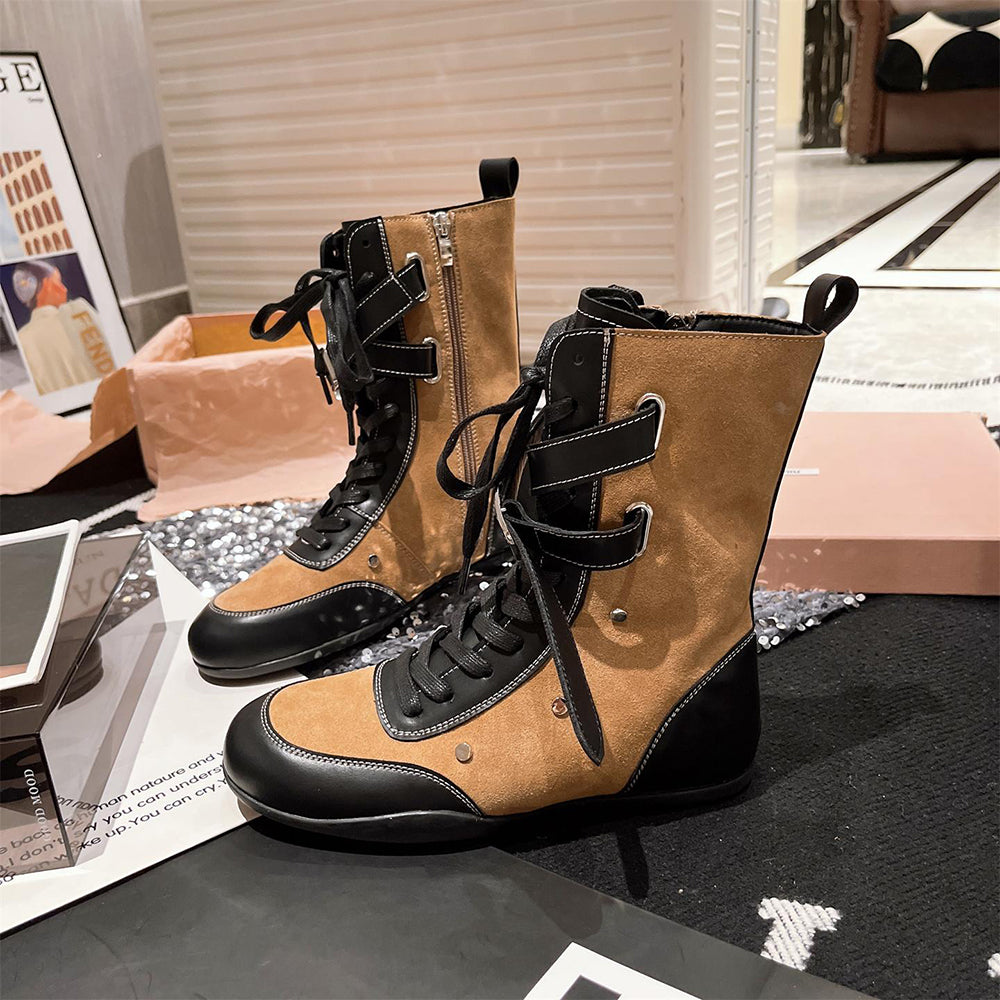 Soft-soled leather and suede patchwork boots