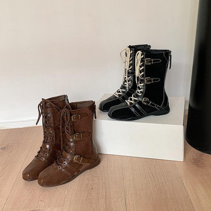 Versatile soft-soled buckle lace-up boots