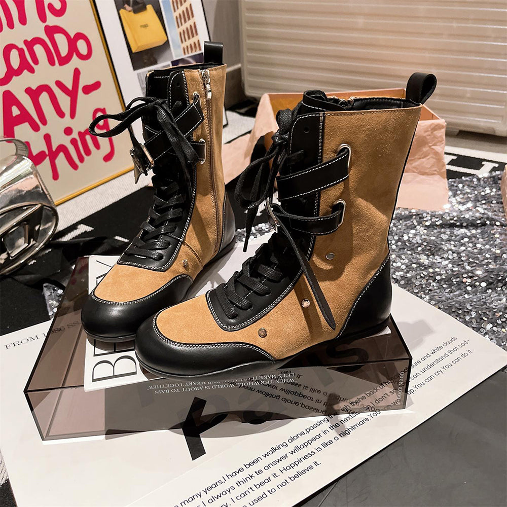 Soft-soled leather and suede patchwork boots