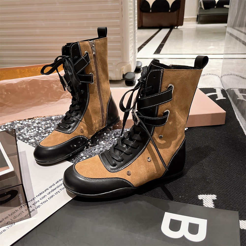 Soft-soled leather and suede patchwork boots