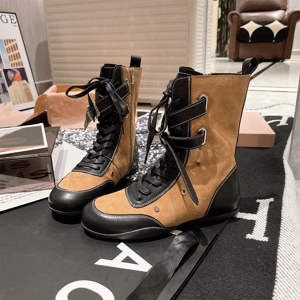 Soft-soled leather and suede patchwork boots