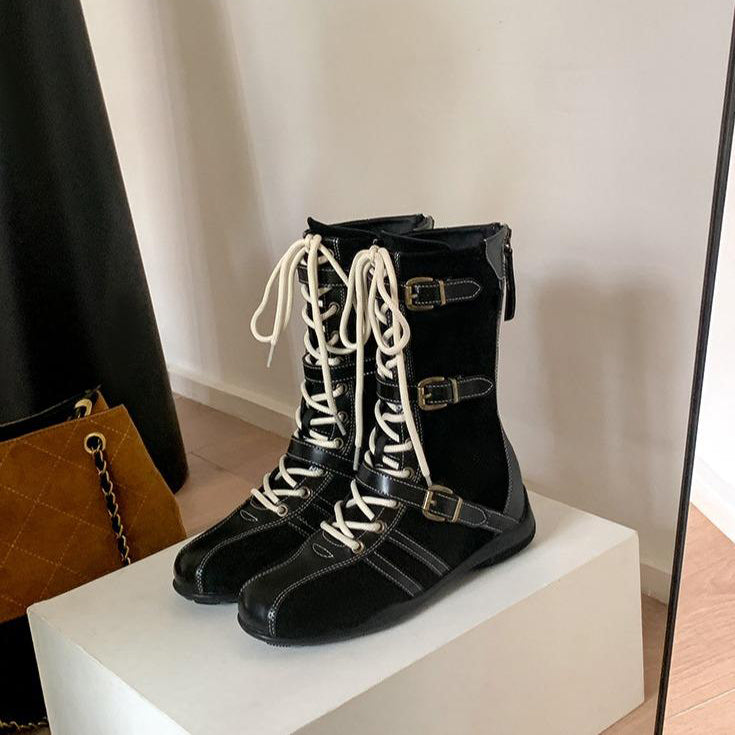 Versatile soft-soled buckle lace-up boots