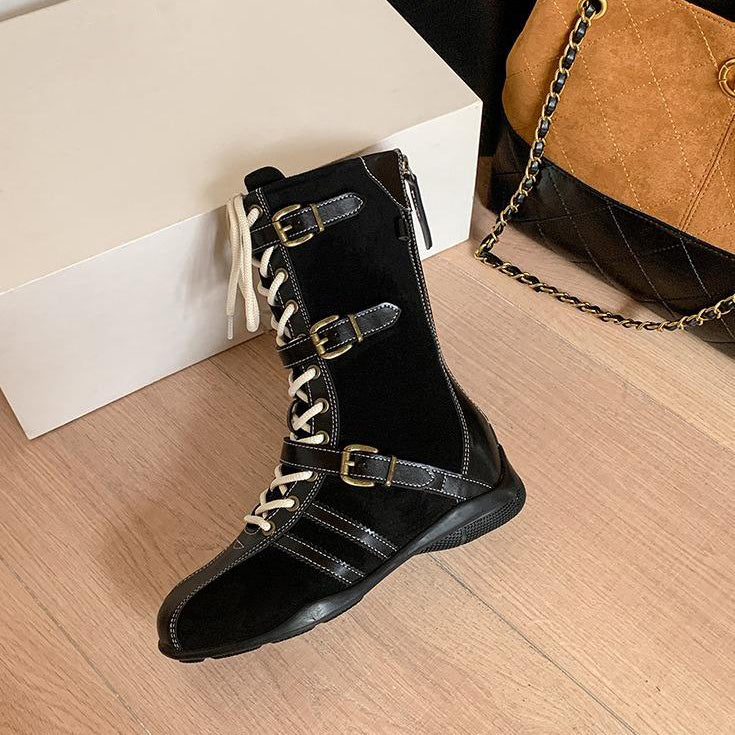 Versatile soft-soled buckle lace-up boots