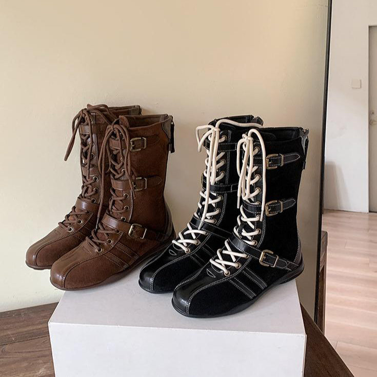 Versatile soft-soled buckle lace-up boots