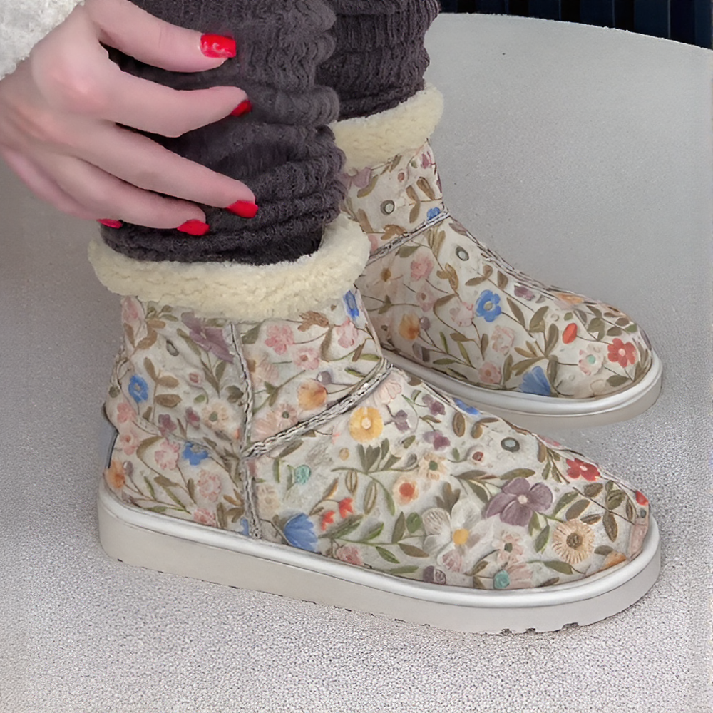 Retro floral velvet snow boots