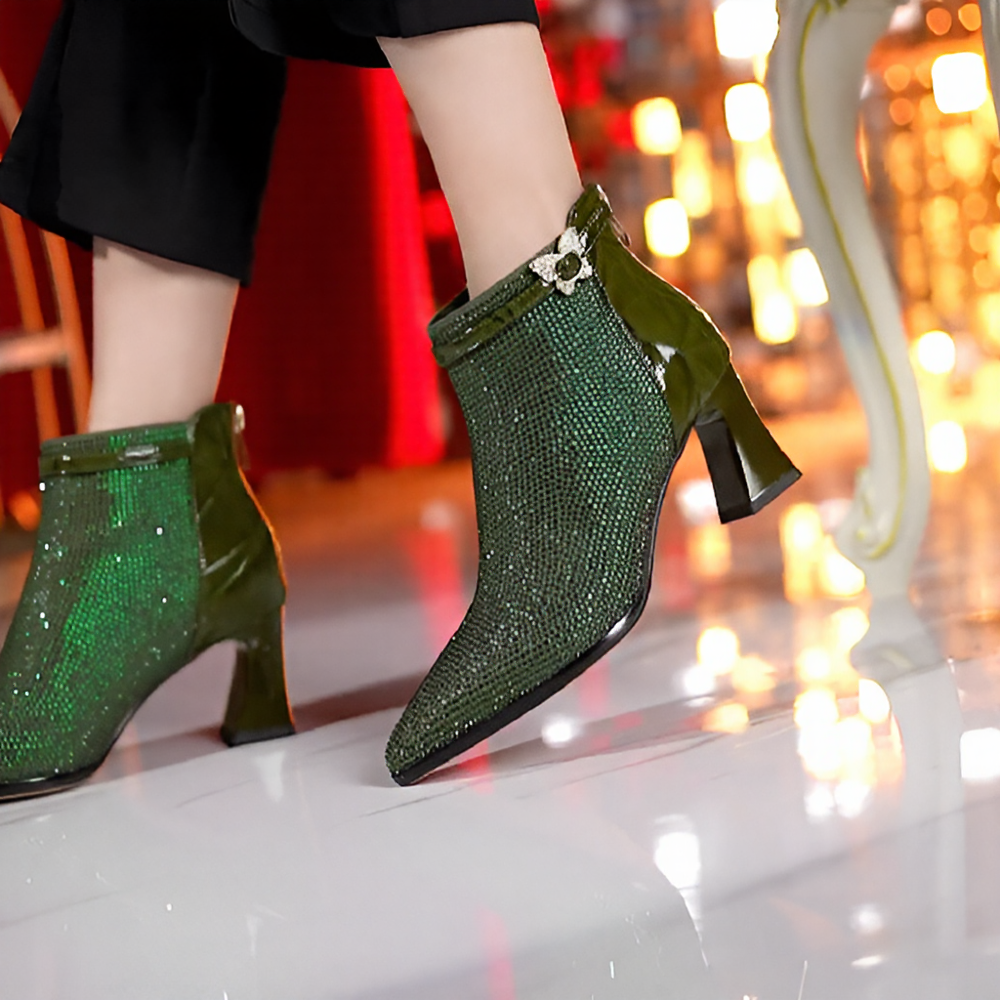 Elegant emerald green rhinestone high-heeled boots