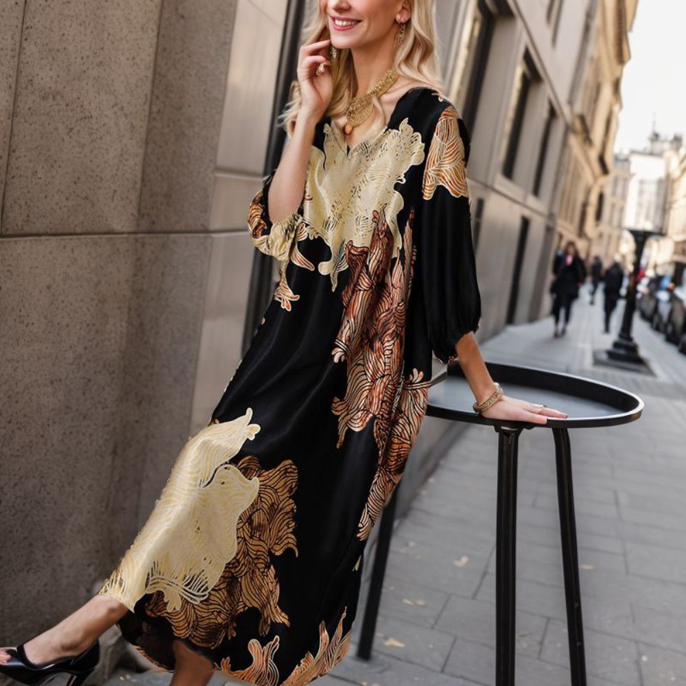 Gold Print Loose Long Dress