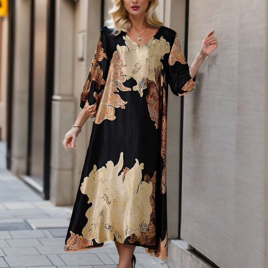 Gold Print Loose Long Dress