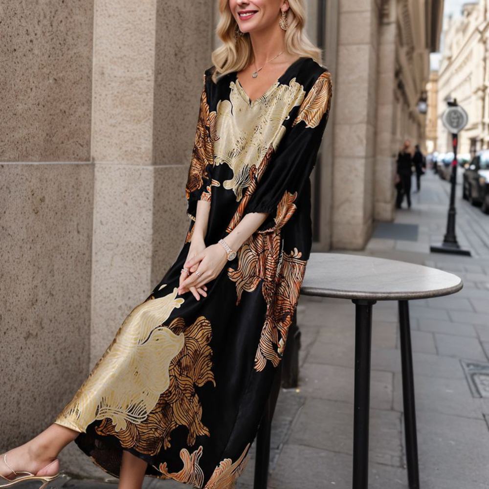 Gold Print Loose Long Dress