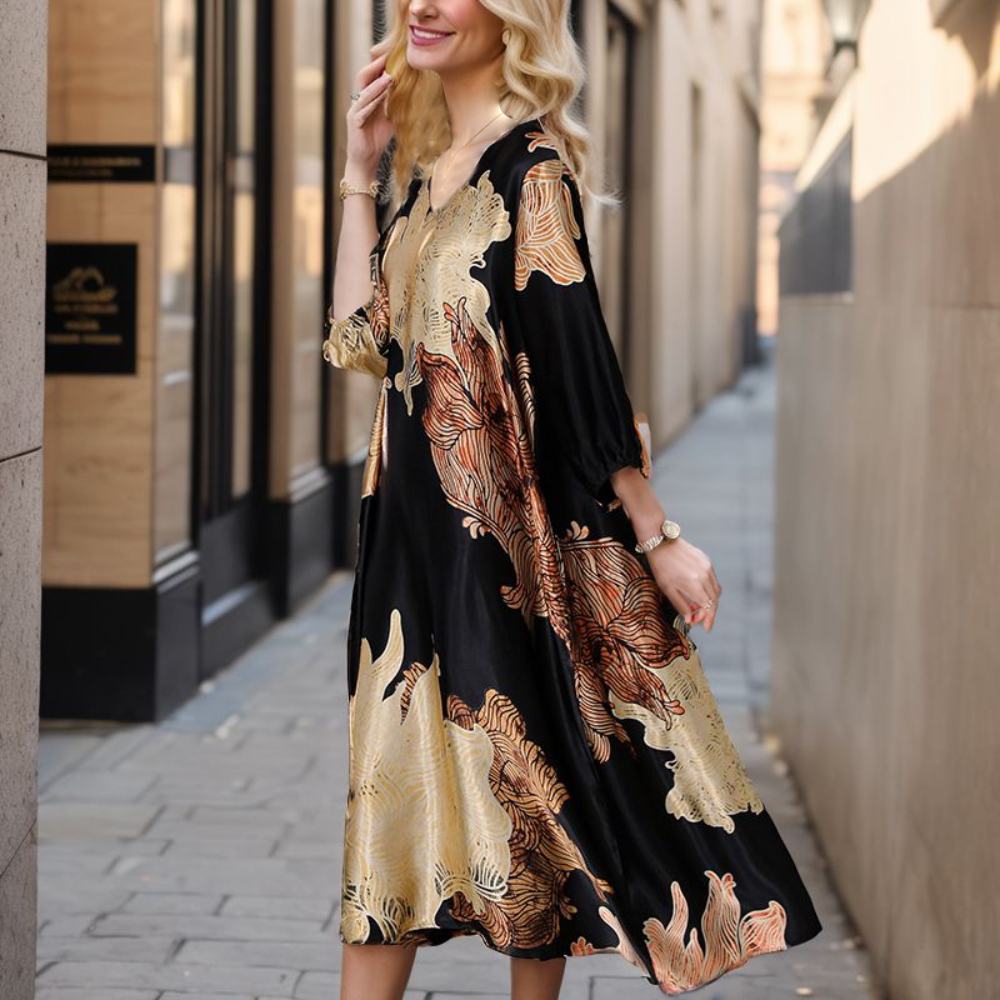 Gold Print Loose Long Dress