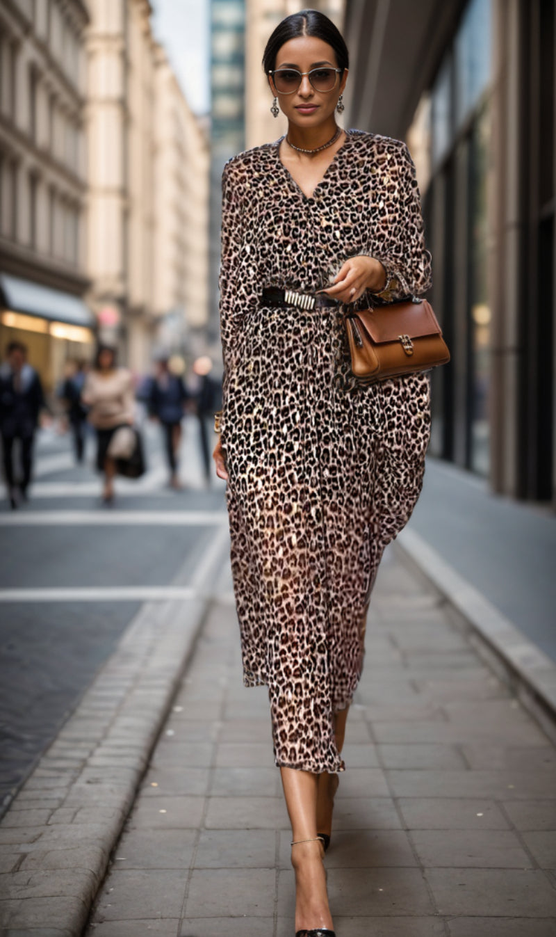 Leopard Dolman Sleeve Two-wear Midi Dress