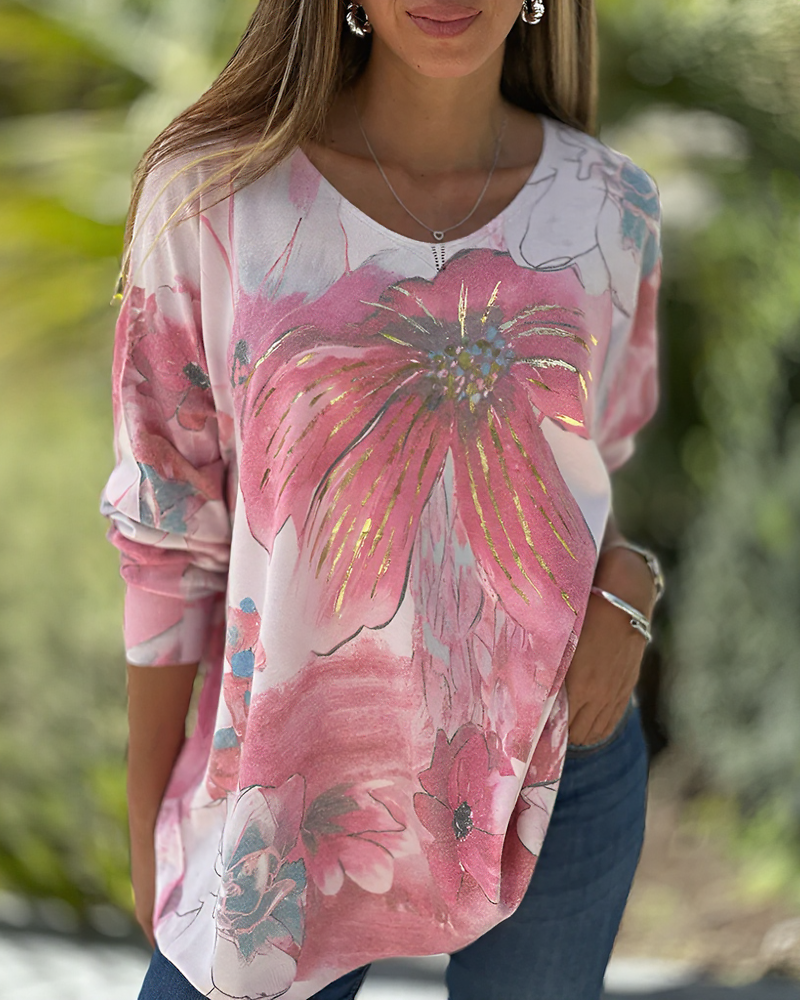 Gold Lacquer Floral Loose Casual Blouse