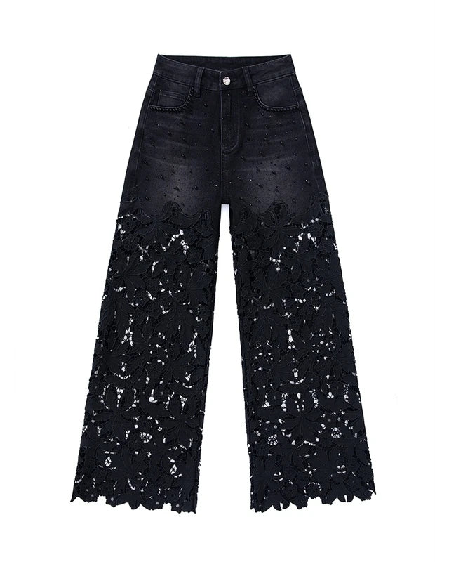 Black hollow lace jeans