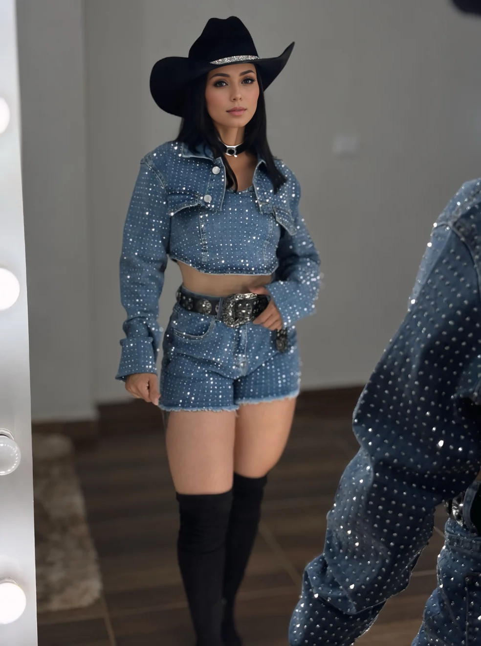 Shining denim sexy suit