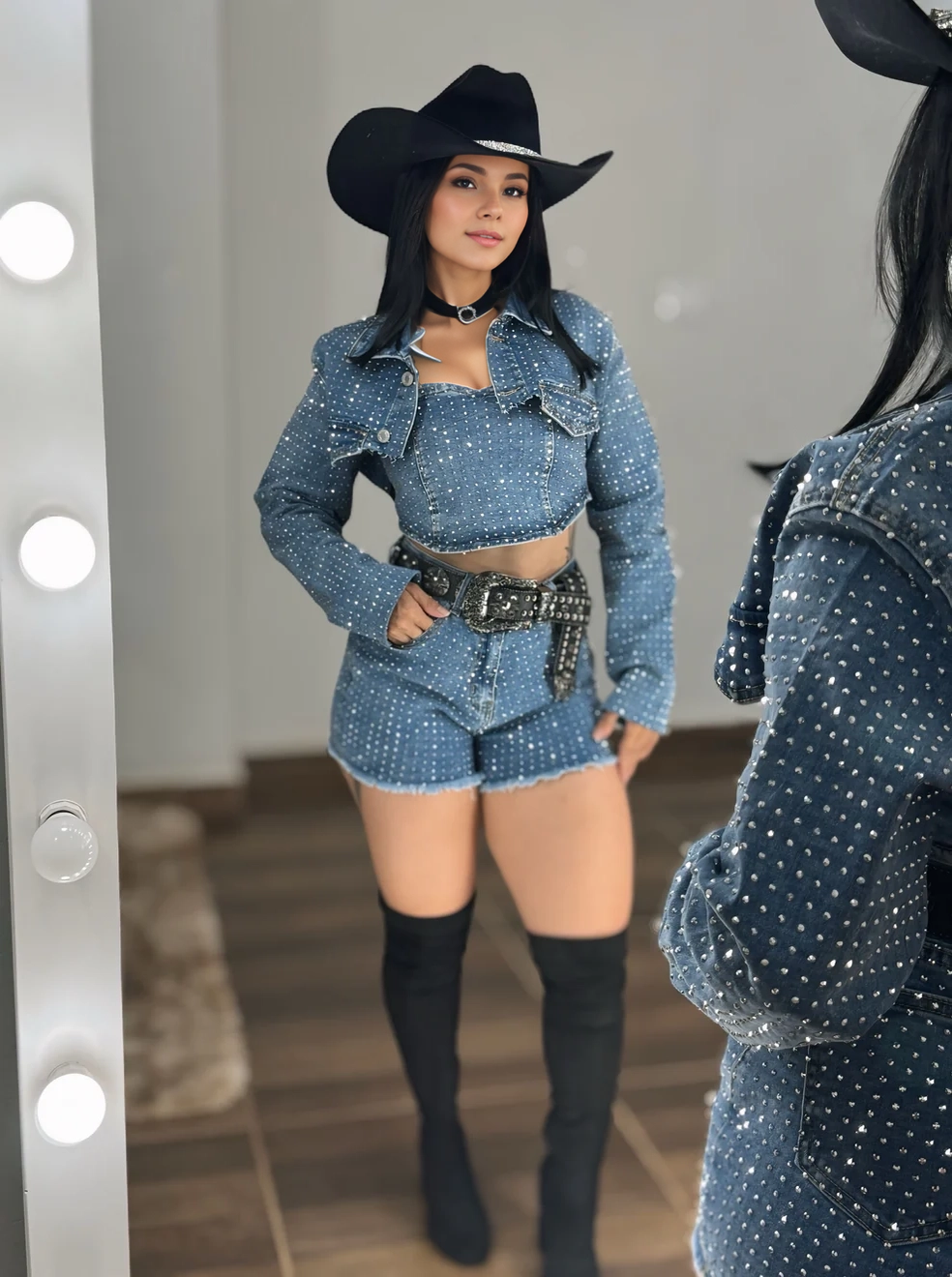 Shining denim sexy suit