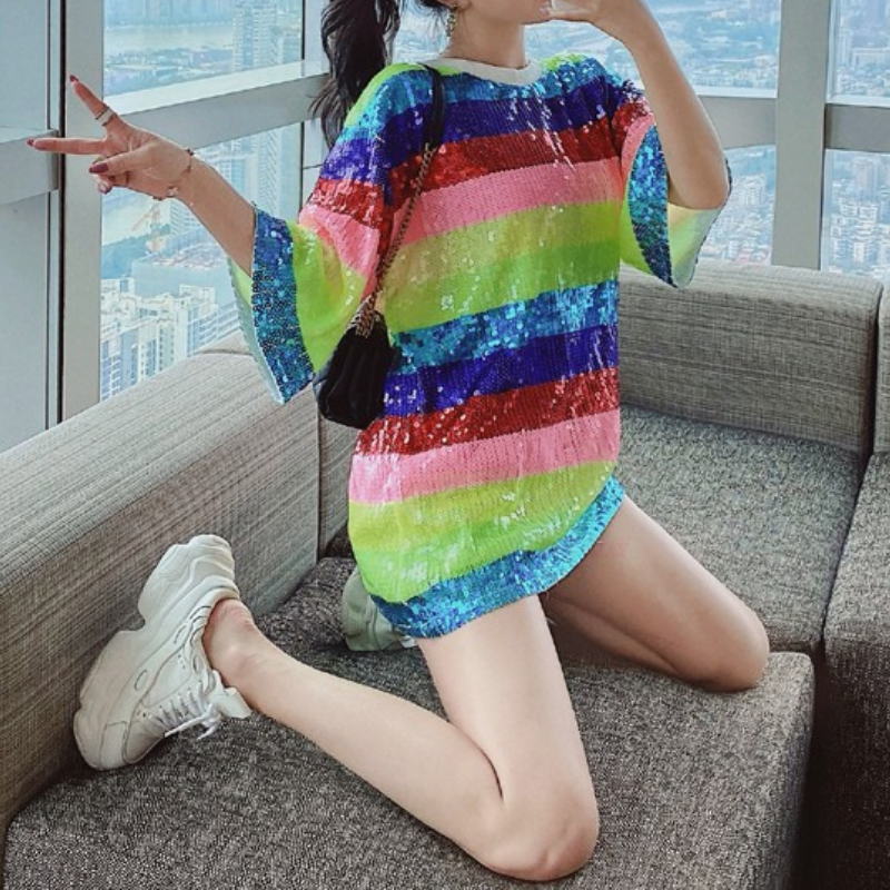 Sequin Oversized Dress Rainbow Stripe Mini Dress