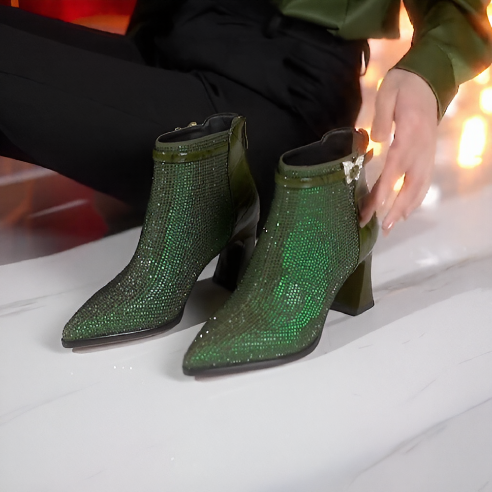 Elegant emerald green rhinestone high-heeled boots