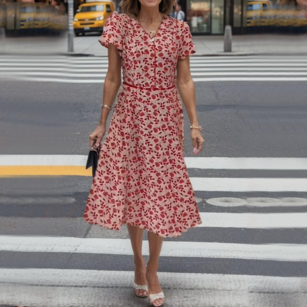 Waist V-Neck Short Sleeve Floral Dress