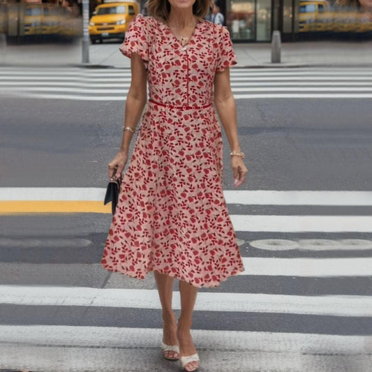 Waist V-Neck Short Sleeve Floral Dress