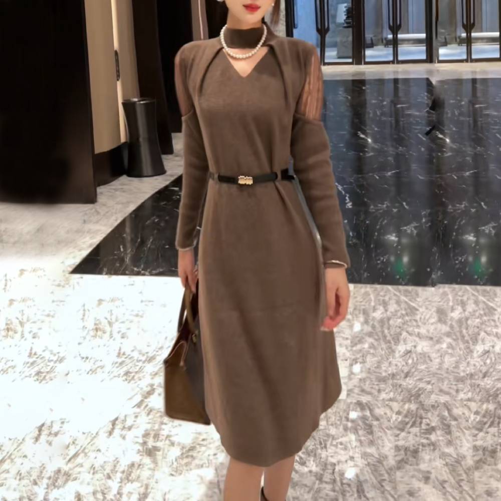 Chic and Unique Waist V-neck Sweater Midi Dress