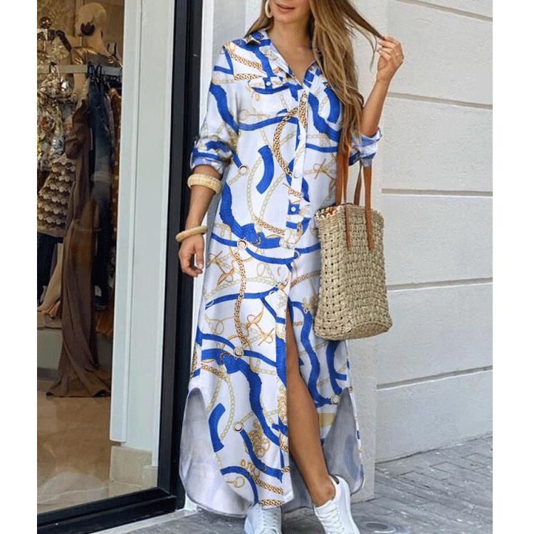 Sisshe Fashion Print Sexy Shirt Maxi Dress