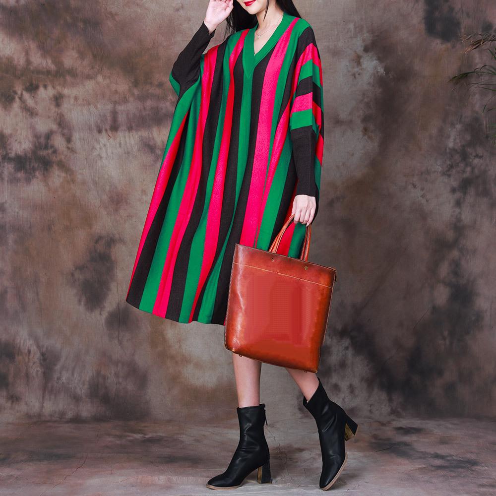 Eye-catching Striped Loose V-neck Bat-sleeve Dress