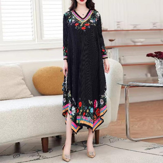 Cute Pleated Print Long Sleeve Maxi Dress