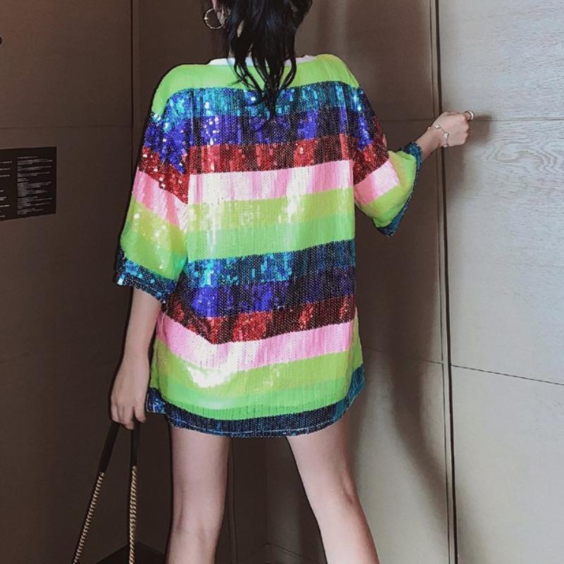 Sequin Oversized Dress Rainbow Stripe Mini Dress