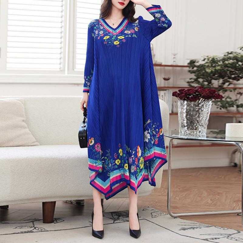 Cute Pleated Print Long Sleeve Maxi Dress