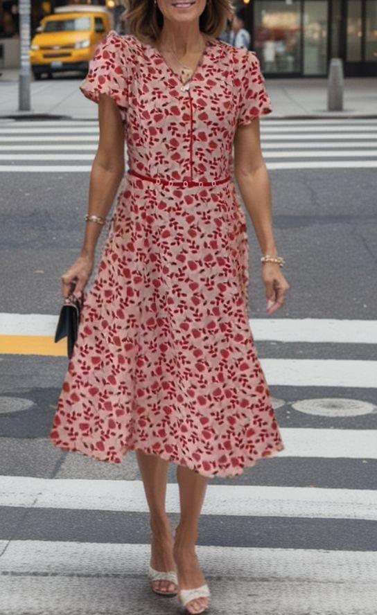 Waist V-Neck Short Sleeve Floral Dress